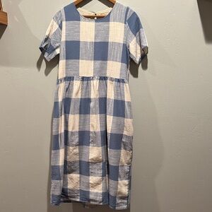 Polagram Blue Cream Gingham Classic Short Sleeve Midi Lined Dress